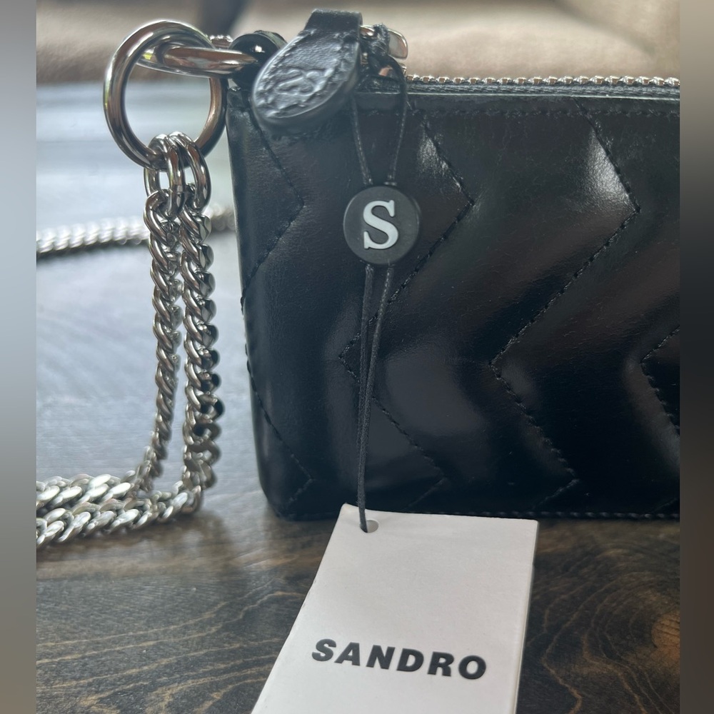 Sandro Black Leather Mini Card Coin Zip Wallet with Silver Chain NWT